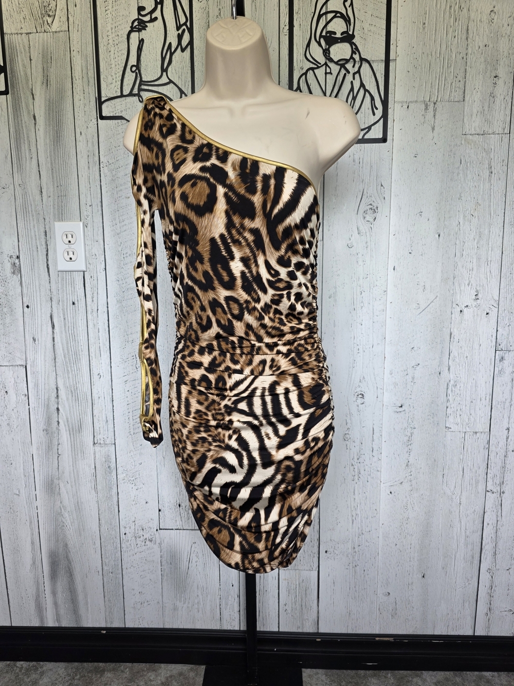 Cameo One Shoulder Animal Print Ruched Bodycon Dress Size Medium